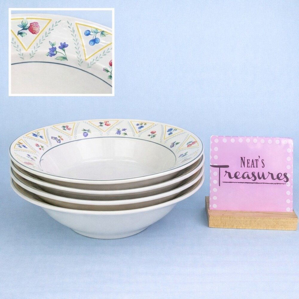 Epoch COTTAGE COURT E201 Multi Flowers Green Trim Stoneware Rim Soup Bowls Set 4